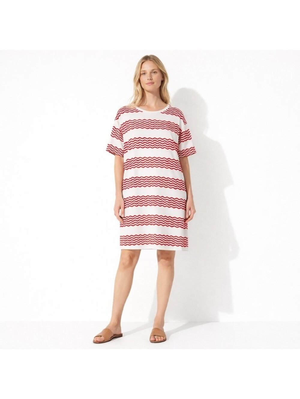 Oliver Bonas Red & White Wavy  Striped Oversized T-Shirt Dress Size 14 Staple